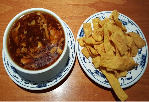 Hot and sour soup with crispy wontons